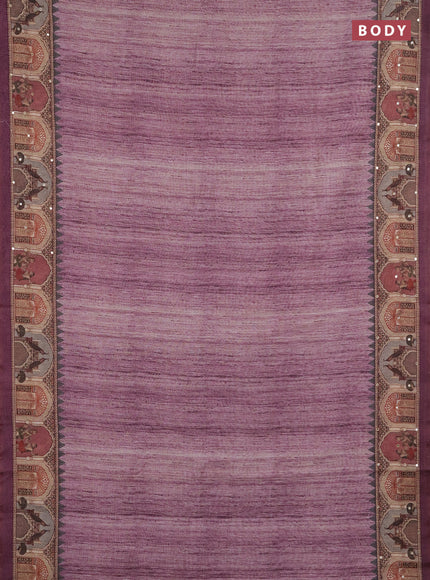 Linen cotton saree wine shade with plain body and printed mirror work border