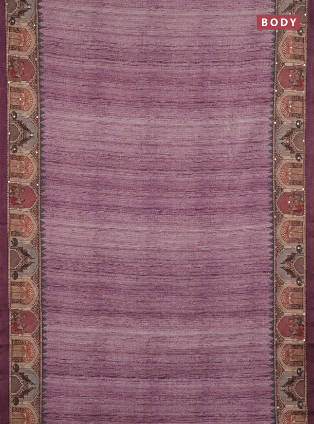 Linen cotton saree wine shade with plain body and printed mirror work border