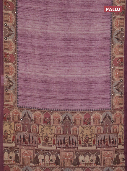 Linen cotton saree wine shade with plain body and printed mirror work border