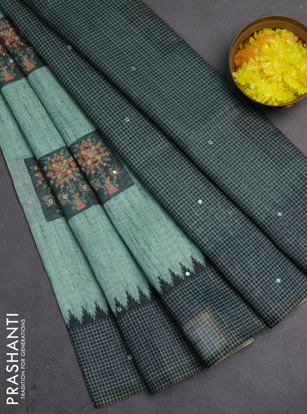 Linen cotton saree green and bottle green with allover prints & mirror work and mirror work border