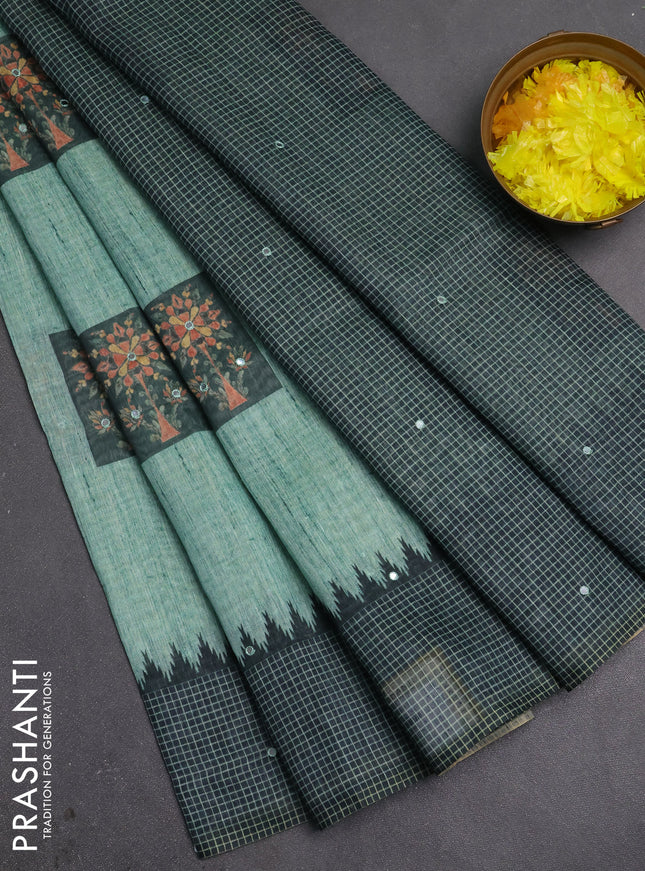 Linen cotton saree green and bottle green with allover prints & mirror work and mirror work border