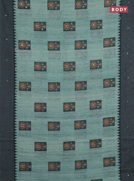 Linen cotton saree green and bottle green with allover prints & mirror work and mirror work border