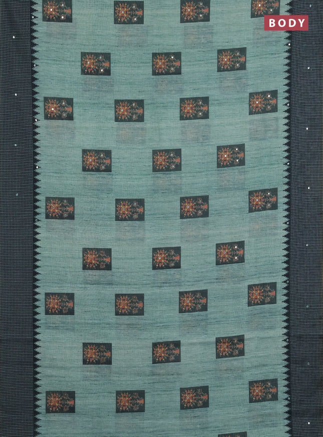 Linen cotton saree green and bottle green with allover prints & mirror work and mirror work border