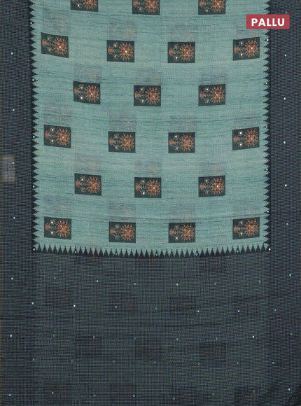 Linen cotton saree green and bottle green with allover prints & mirror work and mirror work border