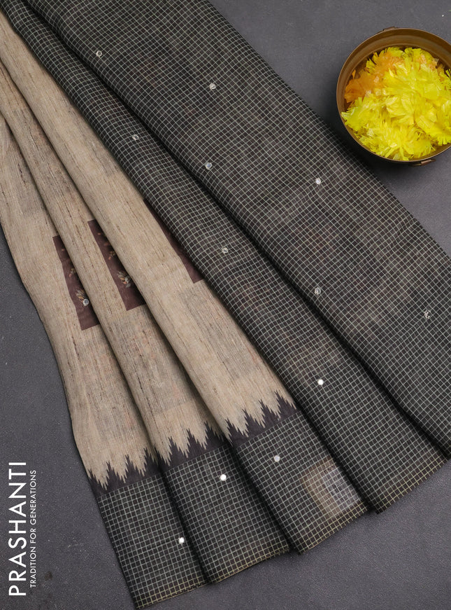 Linen cotton saree beige and jamun shade with allover prints & mirror work and mirror work border