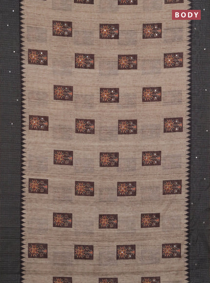 Linen cotton saree beige and jamun shade with allover prints & mirror work and mirror work border