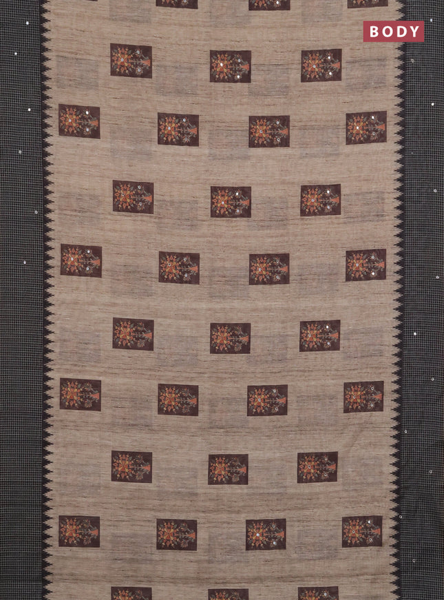 Linen cotton saree beige and jamun shade with allover prints & mirror work and mirror work border