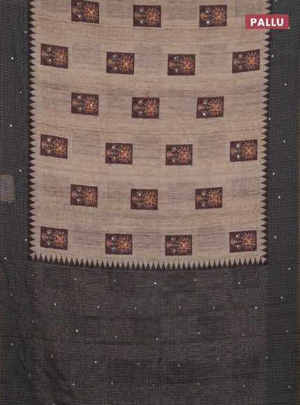 Linen cotton saree beige and jamun shade with allover prints & mirror work and mirror work border