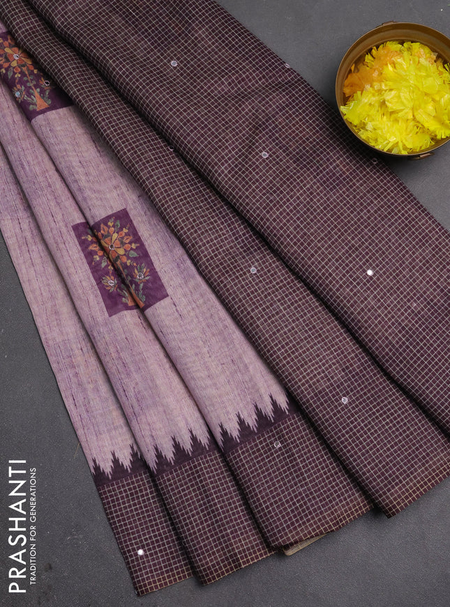 Linen cotton saree wine shade with allover prints & mirror work and mirror work border
