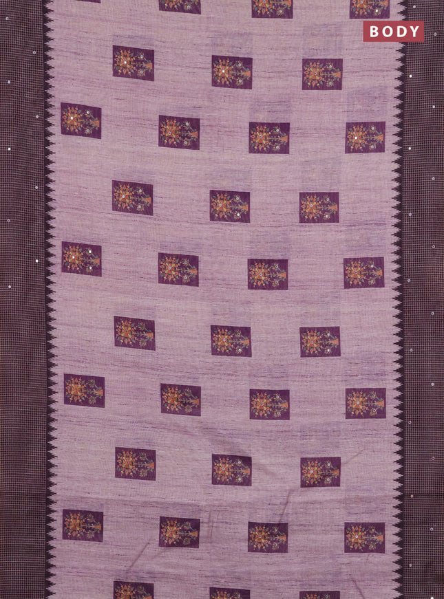 Linen cotton saree wine shade with allover prints & mirror work and mirror work border