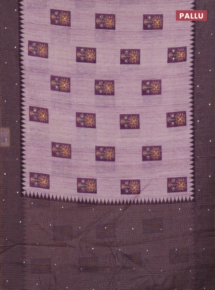Linen cotton saree wine shade with allover prints & mirror work and mirror work border