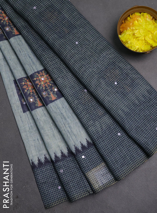 Linen cotton saree pastel grey and grey with allover prints & mirror work and mirror work border