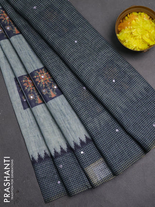 Linen cotton saree pastel grey and grey with allover prints & mirror work and mirror work border