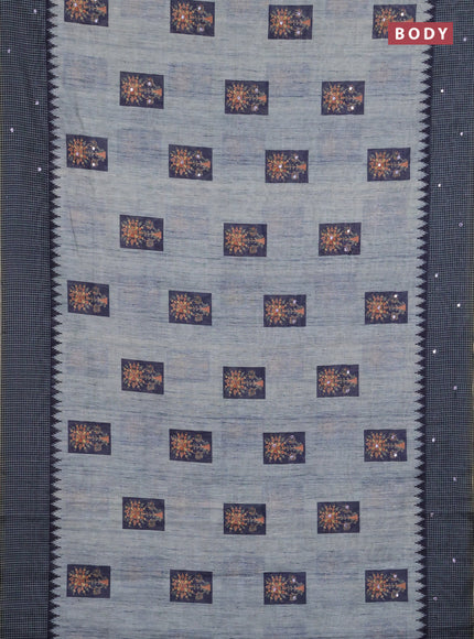 Linen cotton saree pastel grey and grey with allover prints & mirror work and mirror work border