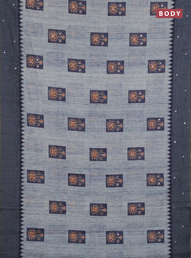 Linen cotton saree pastel grey and grey with allover prints & mirror work and mirror work border