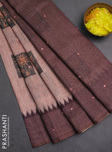 Linen cotton saree peach shade and coffee brown with allover prints & mirror work and mirror work border