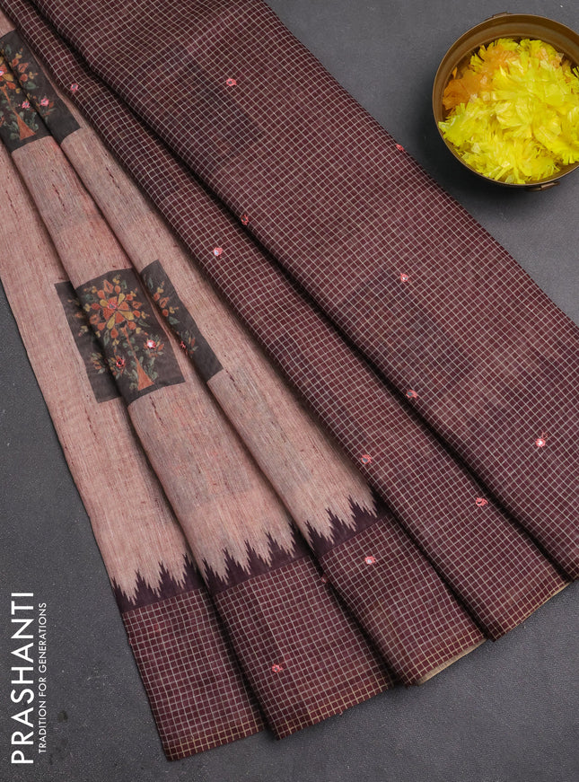 Linen cotton saree peach shade and coffee brown with allover prints & mirror work and mirror work border