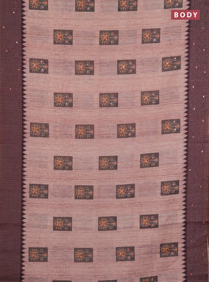 Linen cotton saree peach shade and coffee brown with allover prints & mirror work and mirror work border