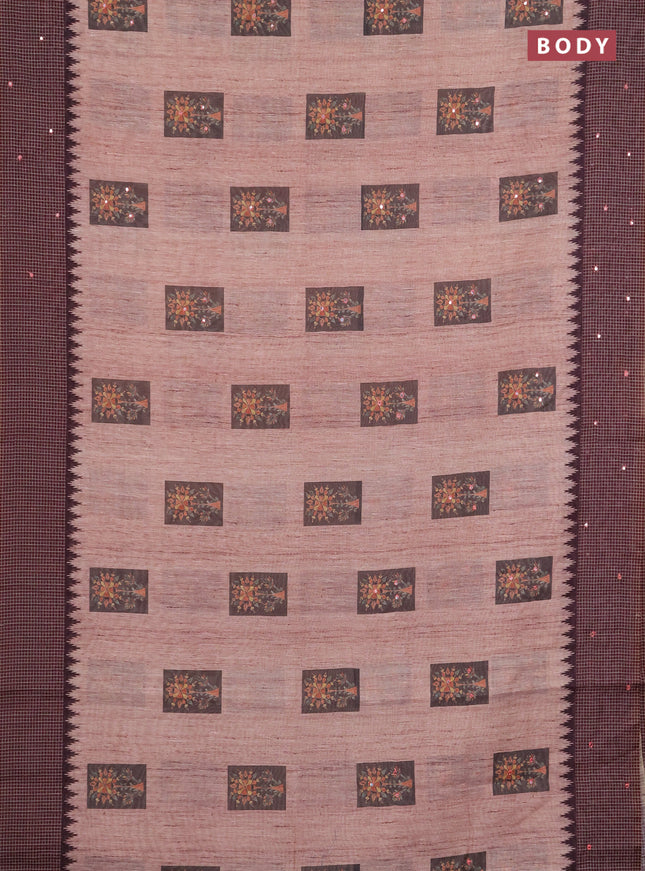 Linen cotton saree peach shade and coffee brown with allover prints & mirror work and mirror work border