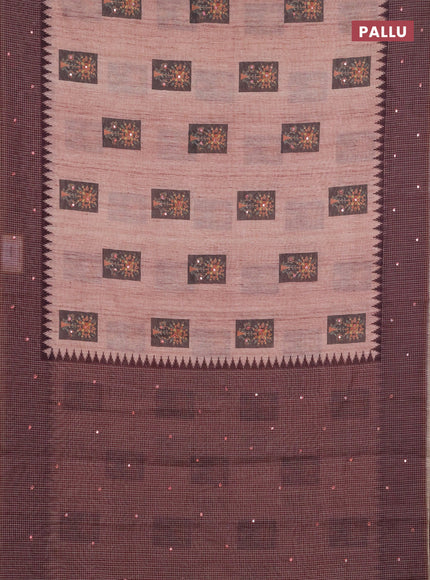 Linen cotton saree peach shade and coffee brown with allover prints & mirror work and mirror work border