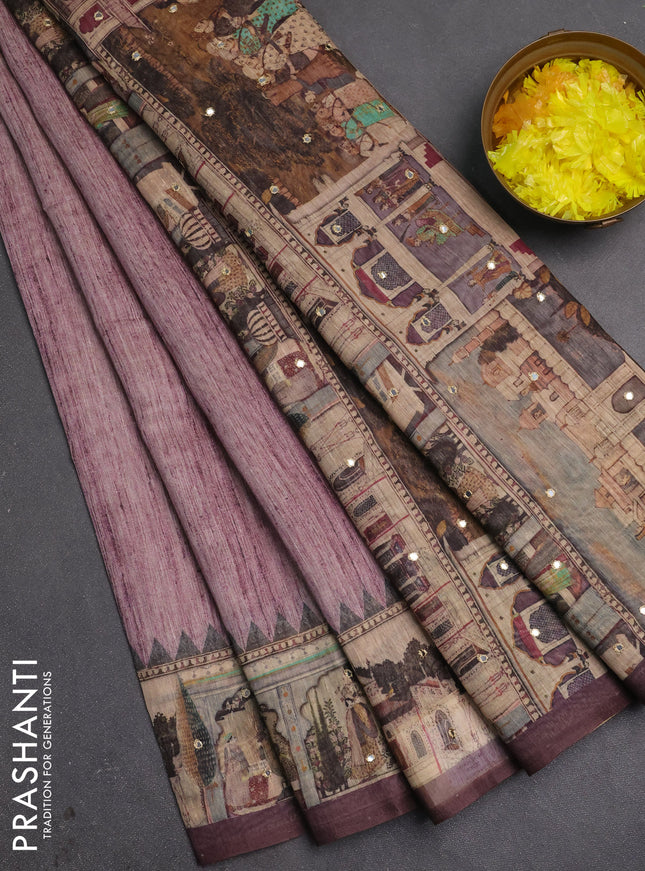 Linen cotton saree wine shade with plain body and printed mirror work border