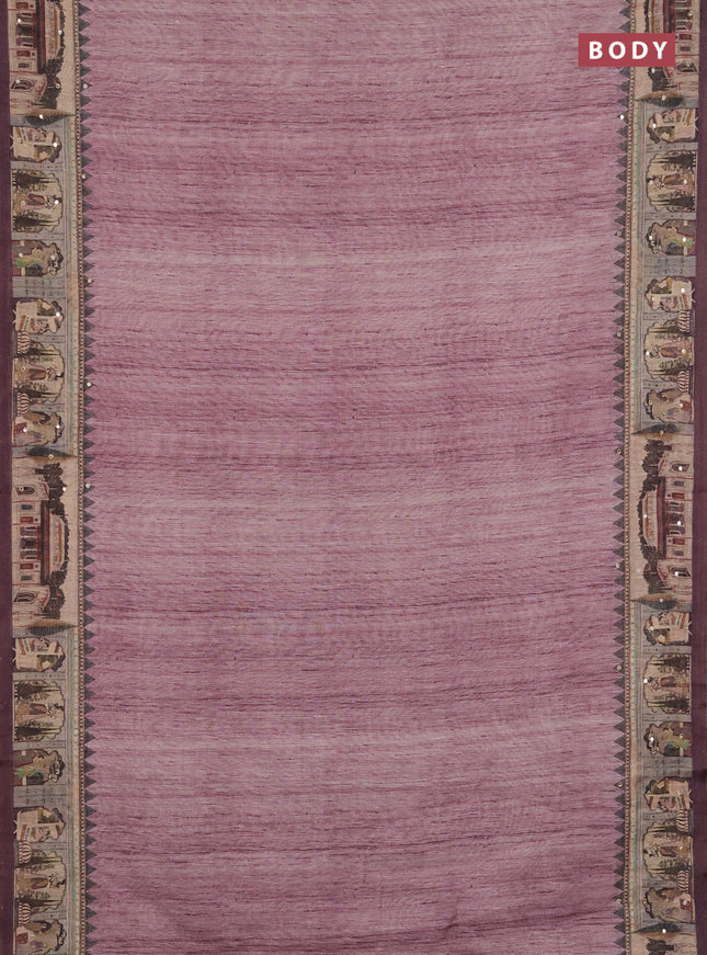 Linen cotton saree wine shade with plain body and printed mirror work border