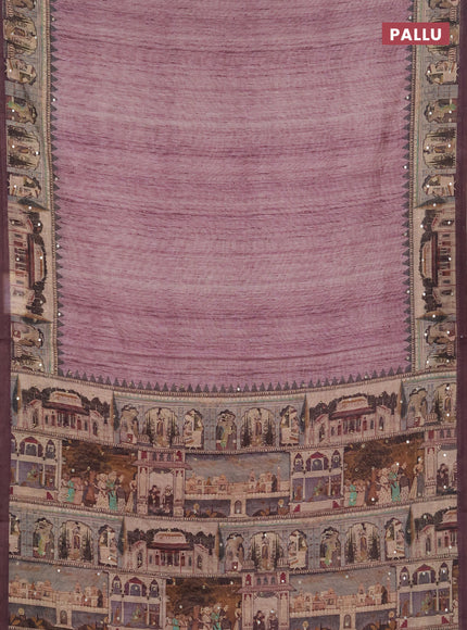 Linen cotton saree wine shade with plain body and printed mirror work border