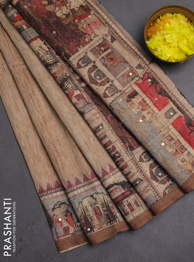 Linen cotton saree sandal and dark grey with plain body and printed mirror work border