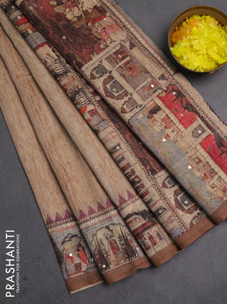 Linen cotton saree sandal and dark grey with plain body and printed mirror work border
