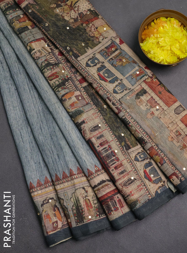 Linen cotton saree pastel grey and grey with plain body and printed mirror work border