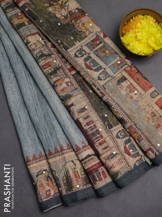Linen cotton saree pastel grey and grey with plain body and printed mirror work border