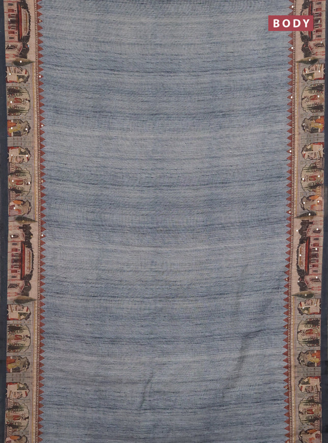 Linen cotton saree pastel grey and grey with plain body and printed mirror work border
