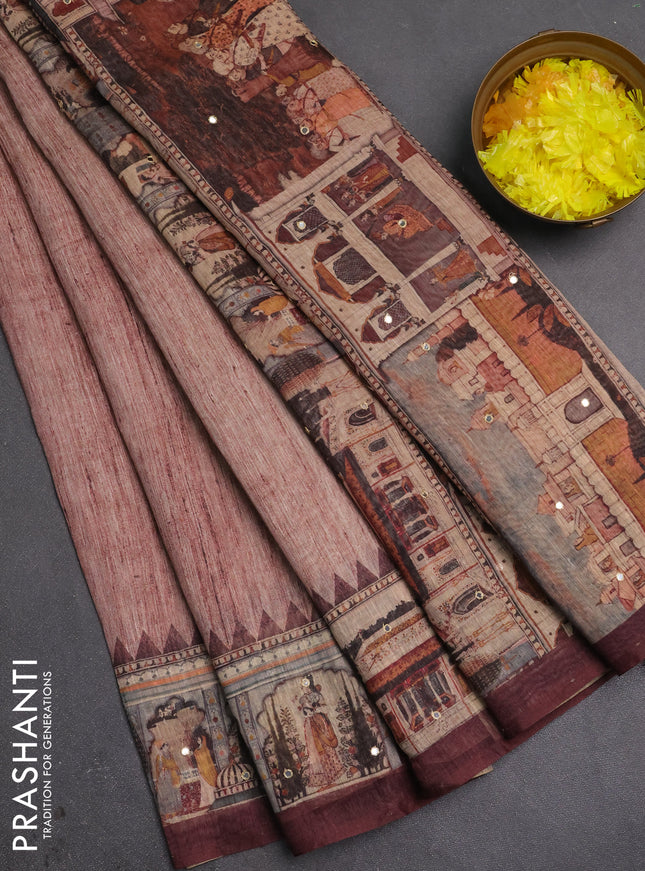 Linen cotton saree pastel maroon and wine shade with plain body and printed mirror work border