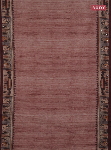 Linen cotton saree pastel maroon and wine shade with plain body and printed mirror work border
