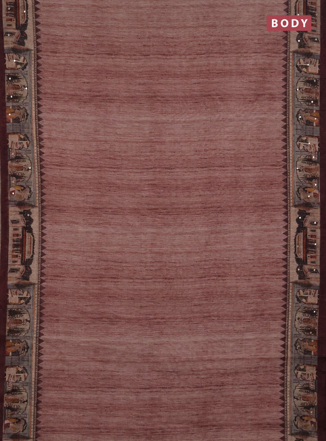 Linen cotton saree pastel maroon and wine shade with plain body and printed mirror work border