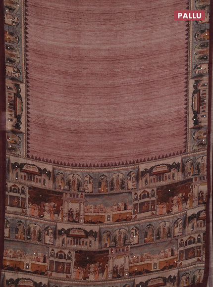 Linen cotton saree pastel maroon and wine shade with plain body and printed mirror work border