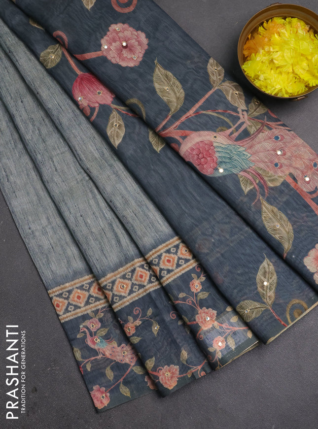Linen cotton saree pastel grey and grey with plain body and printed mirror work border