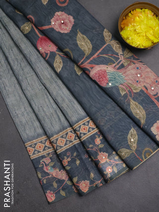 Linen cotton saree pastel grey and grey with plain body and printed mirror work border