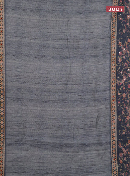 Linen cotton saree pastel grey and grey with plain body and printed mirror work border