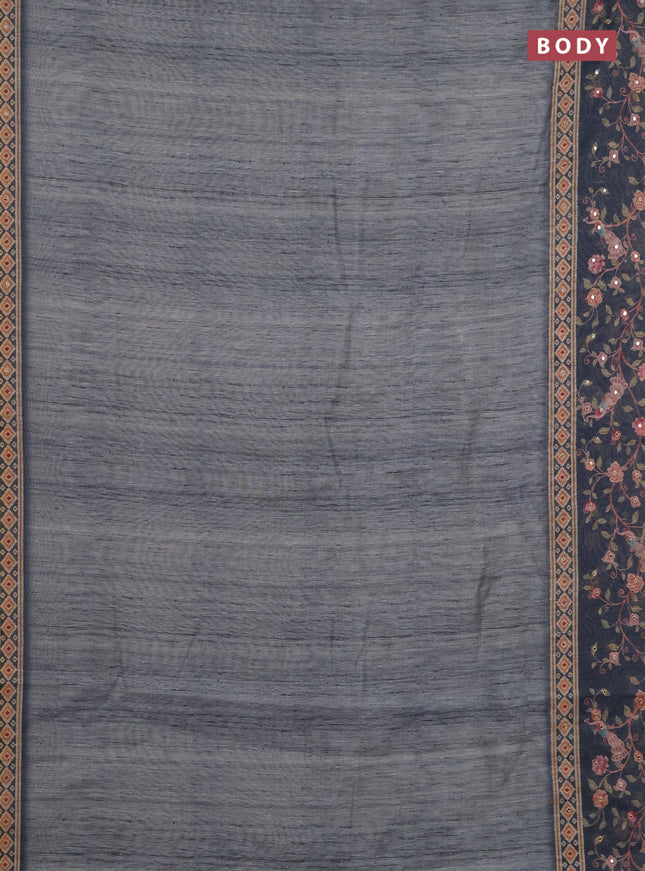 Linen cotton saree pastel grey and grey with plain body and printed mirror work border