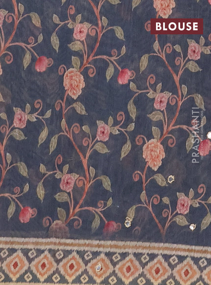 Linen cotton saree pastel grey and grey with plain body and printed mirror work border