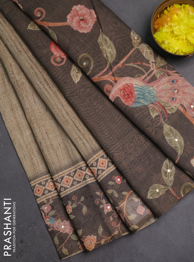 Linen cotton saree pastel green and olive green with plain body and printed mirror work border
