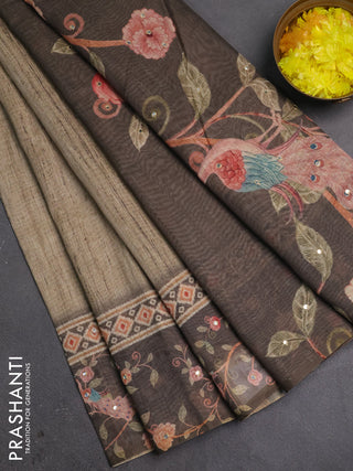 Linen cotton saree pastel green and olive green with plain body and printed mirror work border