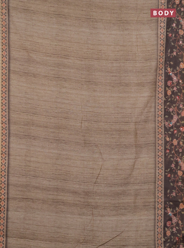 Linen cotton saree pastel green and olive green with plain body and printed mirror work border