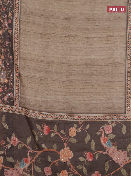 Linen cotton saree pastel green and olive green with plain body and printed mirror work border