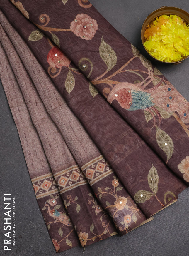Linen cotton saree pastel brown and brown with plain body and printed mirror work border