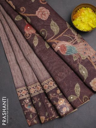 Linen cotton saree pastel brown and brown with plain body and printed mirror work border