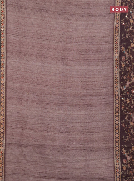 Linen cotton saree pastel brown and brown with plain body and printed mirror work border