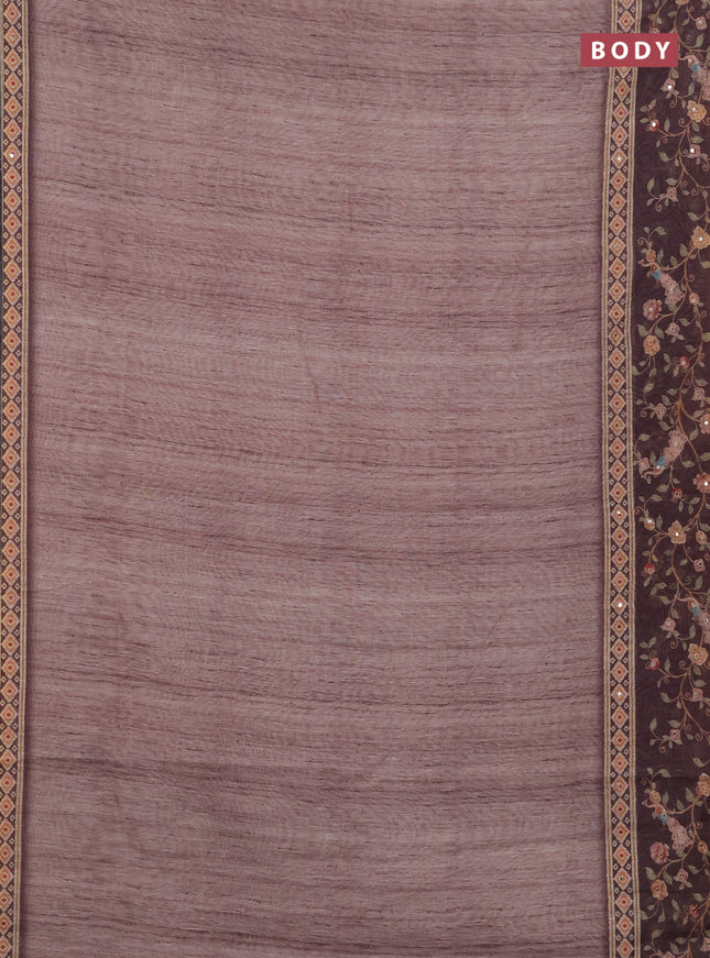 Linen cotton saree pastel brown and brown with plain body and printed mirror work border