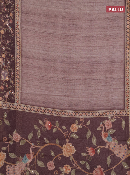 Linen cotton saree pastel brown and brown with plain body and printed mirror work border